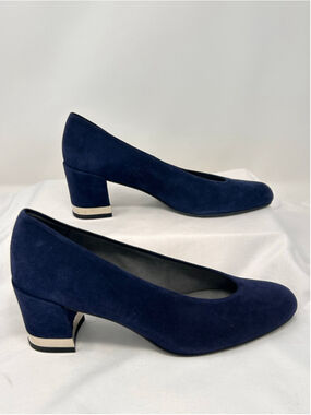 Stuart Weitzman Navy Suede Block Heel Pumps Silver Accent Size 8M